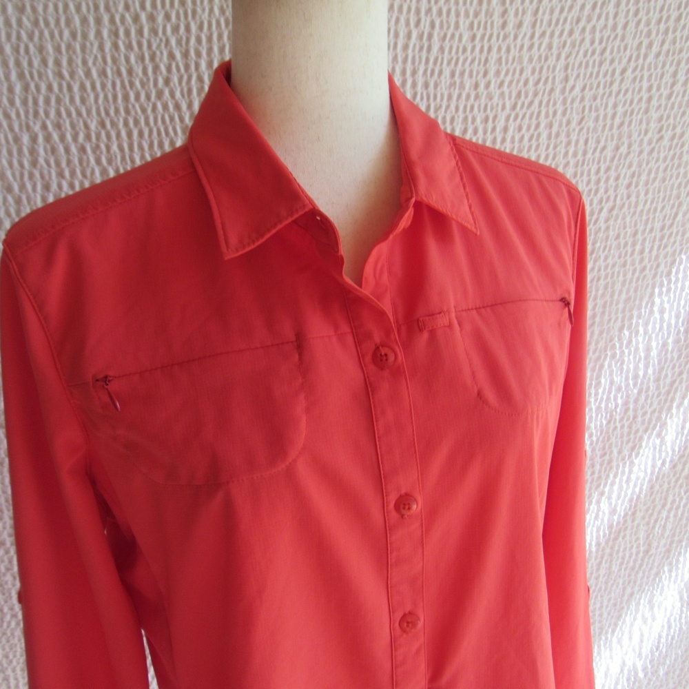 REI Womens Shirt Top L Coral orange Long Sleeve 4 Zippers Button Hiking Vented
